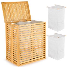Bamboo Laundry Hamper with Lid Foldable Clothes Basket with 2 Removable Liner Bags Space Saving Laundry Sorter for Bathroom Bedroom and Laundry R