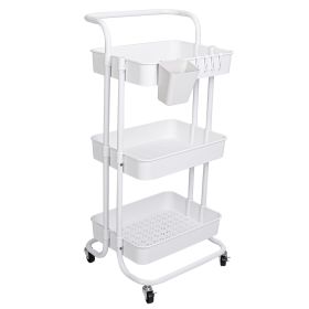 3 Tier Rolling Utility Cart Movable Storage Organizer with Mesh Baskets Lockable Wheels 360 Degree Rotatable Hanging Box Hooks Bedroom Bathroom K (Color: White, Type: 3 Tier)