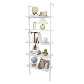 5-Shelf Wood Ladder Bookcase with Metal Frame Industrial 5-Tier Modern Ladder Shelf (Color: White)