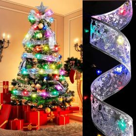 [100 LED Battery-powered Christmas Tree] A Christmas Tree With 32 Feet Of Ribbon, 100 LED Lights, Golden Wire Ribbon, Battery-powered (Color: Silvery Ribbon- Colourful)
